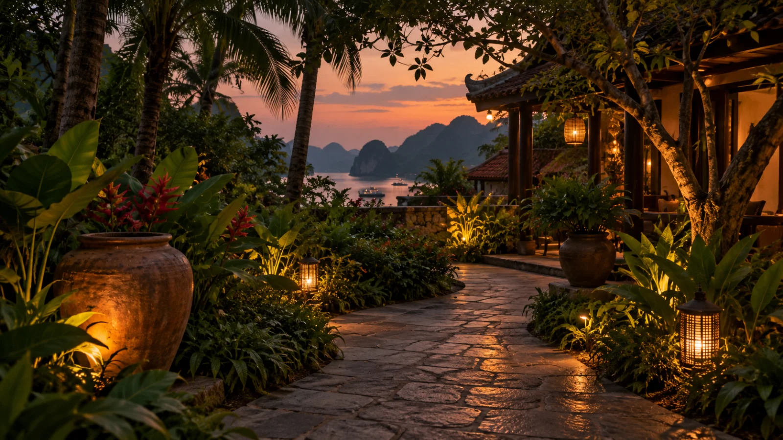 Lối đi sân vườn nhiệt đới lúc chiều tối