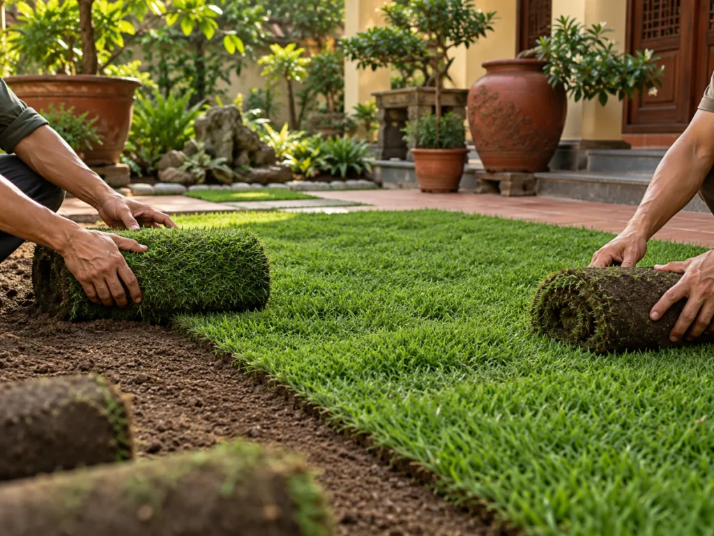 Trải thảm cỏ nhung Nhật cho sân vườn